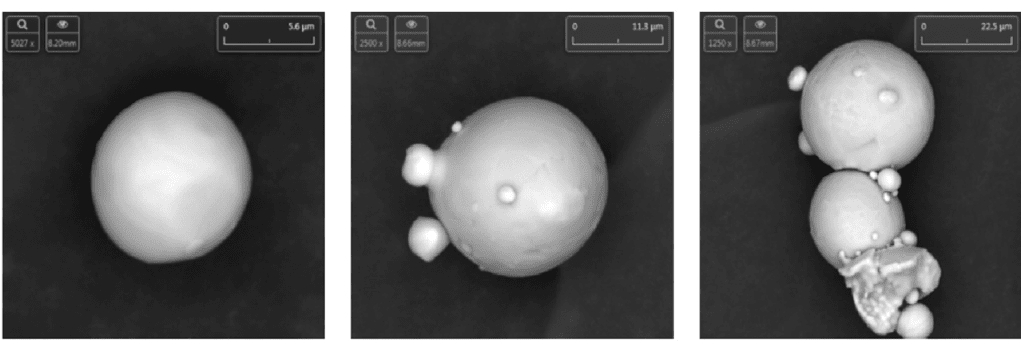 Figure 1. Spherical, satellite and deformed metal powder particles.